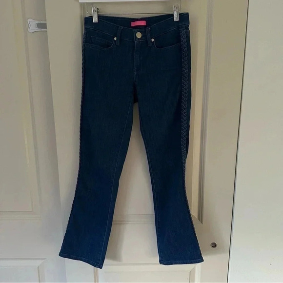 Lilly Pulitzer Braided Trim Denim Jeans Crop Bootcut Dark Wash Size 2 - Picture 2 of 13